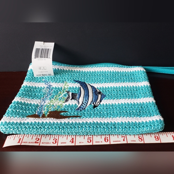 Vera Bradley Turquoise and White Striped Clutch with Fish Design - Picture 5 of 5